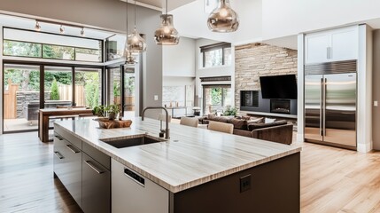 Modern kitchen with a large island and stainless steel appliances, leaving room for copy.
