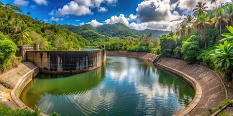 Obraz premium Wide-angle shot of dam at abandoned Bano Grande swim area in El Yunque National Forest, Puerto Rico