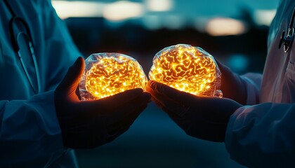 Two hands holding glowing brains, symbolizing scientific discovery and the power of knowledge in a dramatic nighttime setting.