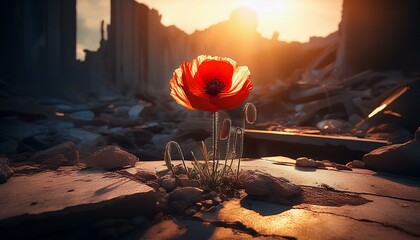 Ambiance post-apocalyptique, un coquelicot parvient à pousser entre les gravats. Le soleil perce et l'éclaire à contre-jour.