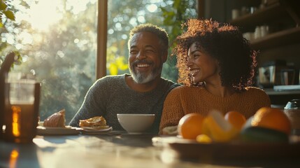 A diverse couple enjoys a sunny breakfast at home. The African American husband and Hispanic wife share a joyful moment, with the morning light reflecting off their smiling faces