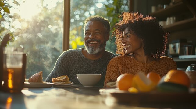 A diverse couple enjoys a sunny breakfast at home. The African American husband and Hispanic wife share a joyful moment, with the morning light reflecting off their smiling faces