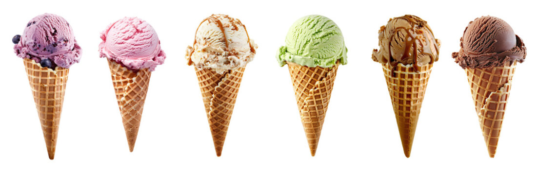 different sorts of ice cream scoop on waffle cone isolated on white or transparent png