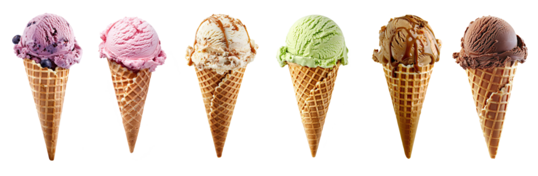 different sorts of ice cream scoop on waffle cone isolated on white or transparent png