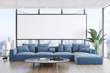 display blank clean empty white screen or signboard mockup for offer or advertisement in Modern living room with blue sofa and city view. 3D Rendering