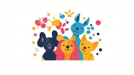 Naklejka premium A whimsical logo for a pet grooming service, featuring playful animals and vibrant colors.