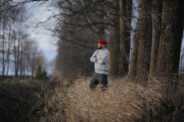 field autumn freedom man sweater, nature landscape