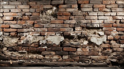 A weathered brick wall, its surface pockmarked with age and neglect, reveals a history of time's passage.
