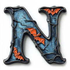 A Halloween themed letter N featuring intricate designs with bats and vines, perfect for festive decorations. This unique piece adds spooky touch to any setting