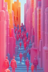 Obraz premium Vibrant Urban Scene: A Colorful Representation of City Life and Crowds in Abstract Form