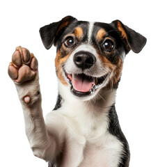 dog points at the screen with its paw