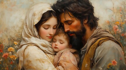 a traditional catholic art representation of the holy family depicted with soft warm colors and intricate details inviting admiration and reverence for the sacredness of family and faith