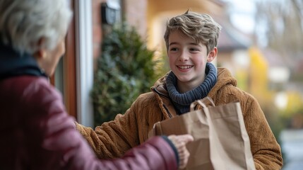 Generous Teenage Boy Delivering Groceries to Elderly Woman with Warm Smile and Helpful Attitude
