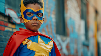 Young boy, kid in a superhero costume, standing confidently, vibrant colors. Concept: child in a hero cape showing confidence, strength, imagination, dreams and skills.