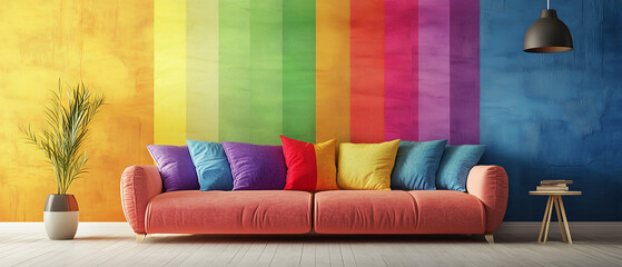 A modern interior features sleek furniture and stylish decor, with vibrant LGBTQ-themed artwork adorning the wall, celebrating diversity and inclusivity in a welcoming, contemporary space.