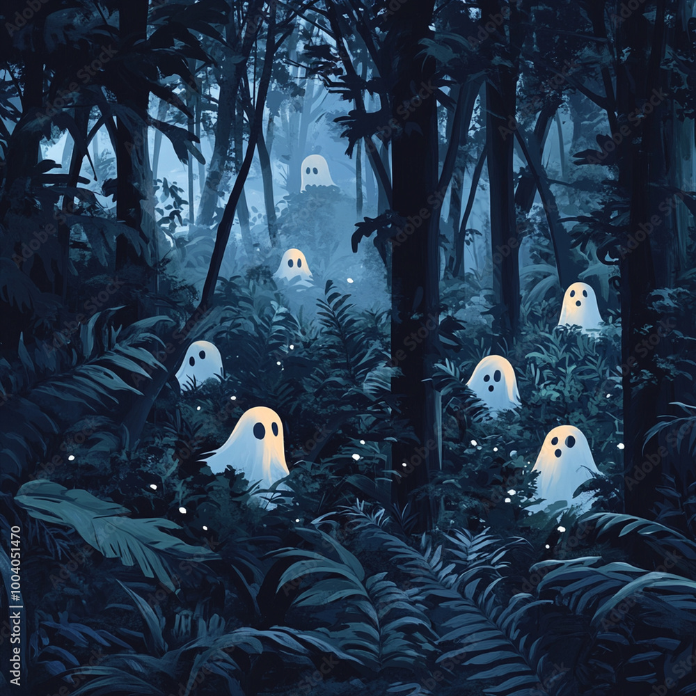 Poster a mysterious jungle scene features playful ghostly figures peeking through lush foliage, creating an