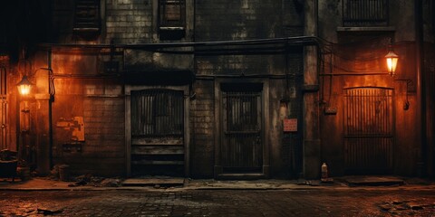 A dimly lit alleyway with worn brick walls, iron-barred doors, and flickering lampposts casting long shadows on the cobblestone ground.