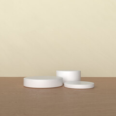3D product display podium with geometric platform. background 3d render with podium. wood stand to show cosmetics and products
