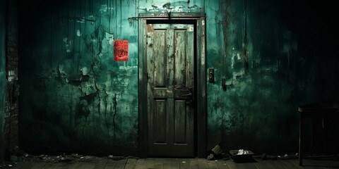 A weathered, moss-covered door set into a decaying teal wall, casting long shadows in the dim light.
