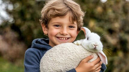 A young boy with dark hair smiles brightly while holding a fluffy white rabbit in his arms, enjoying a joyful moment in the green yard of his home