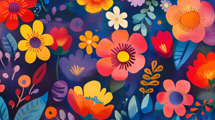 A whimsical floral pattern with bright colors and playful shapes.