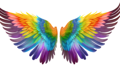 Rainbow wings realistic bright freedom symbol symmetric shapes pride color feathers beautiful. Generative AI.