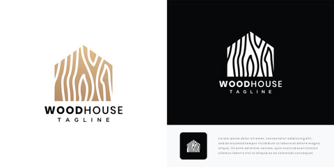 Wooden house logo design vector illustration. House wood grain texture logo icon.