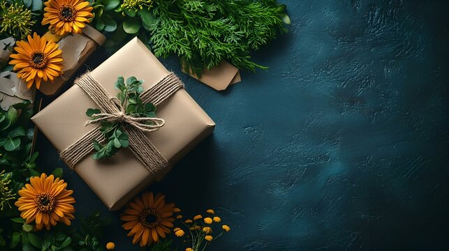 a gift wrapped in brown paper next to some plants

