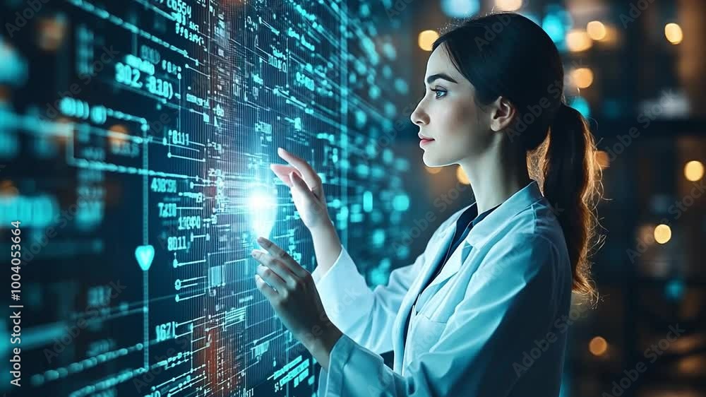 Poster a scientist interacting with digital data visualization in a modern laboratory environment