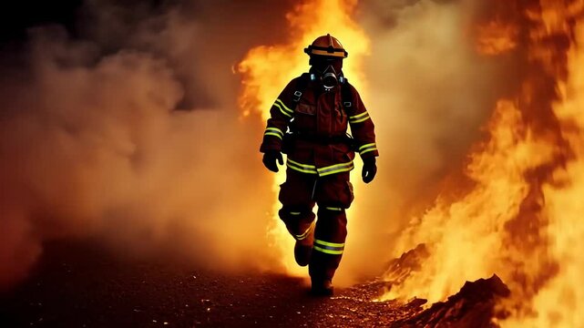 Brave firefighter walking intense flames