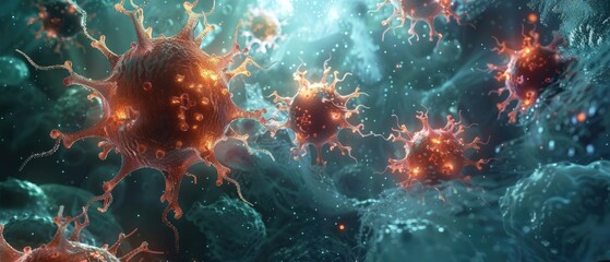 Fototapeta premium Abstract illustration of red and orange cells in a blue liquid.