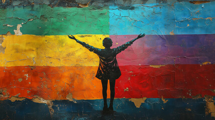 Obraz premium An illustration of woman standing against a rainbow-colored background, symbolizing LGBTQ pride, diversity and freedom. 