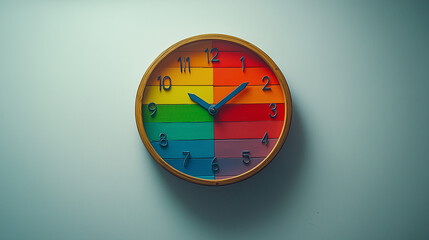 An illustration of rainbow-colored wall clock, symbolizing LGBTQ pride, diversity and freedom. 