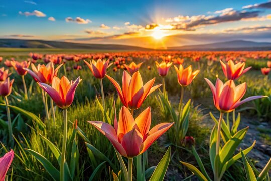 Wild steppe tulips Tulipa Biflora blooming on a meadow at sunset