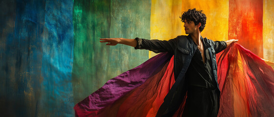 An illustration of man holing a rainbow-colored cloth, symbolizing LGBTQ pride, diversity and freedom. 