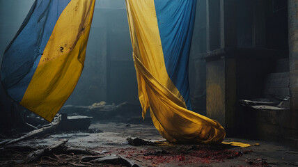 Ukrainian building destroyed with flags standing. All around the mess and debris with red stains