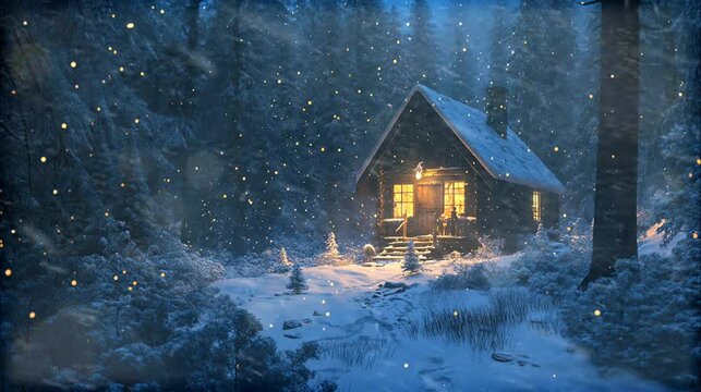 Cozy cabin nestled in a snowy forest at night.
