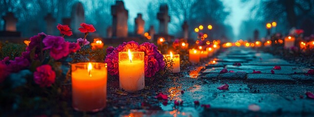 Obraz premium horizontal image of a dark cemetery background with candles for All Souls Day, All Saints, Día de Muertos, halloween, banner, design, social media, Día de Muertos, copy space