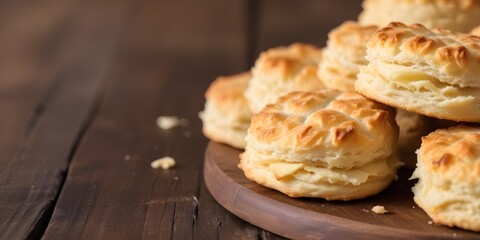 Flaky biscuits on a wooden surface