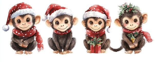 Fototapeta premium Cute Watercolor Monkeys in Christmas Festive Attire