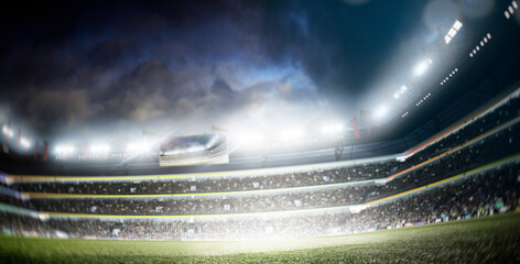 Big sport arena. Professional soccer stadium. Football stadium field view. Professional sports background for advertisement with lights, fans and flags. Background