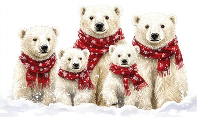 Family of Polar Bears Celebrating Christmas in Watercolor