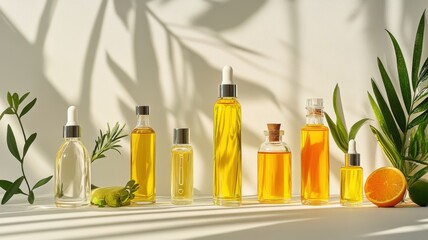 Various essential oils on a white background with plant shadows.