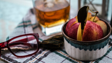 autumn, fall afternoon, whiskey paired with fresh fruits apple cut