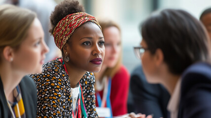 A diverse group of international delegates engaging in serious discussions during a world conference addressing justice for marginalized communities. Ai generated