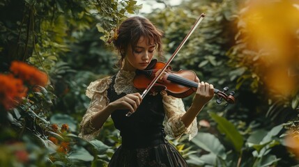 Fototapeta premium A young woman in a vintage dress plays a violin in a lush garden.