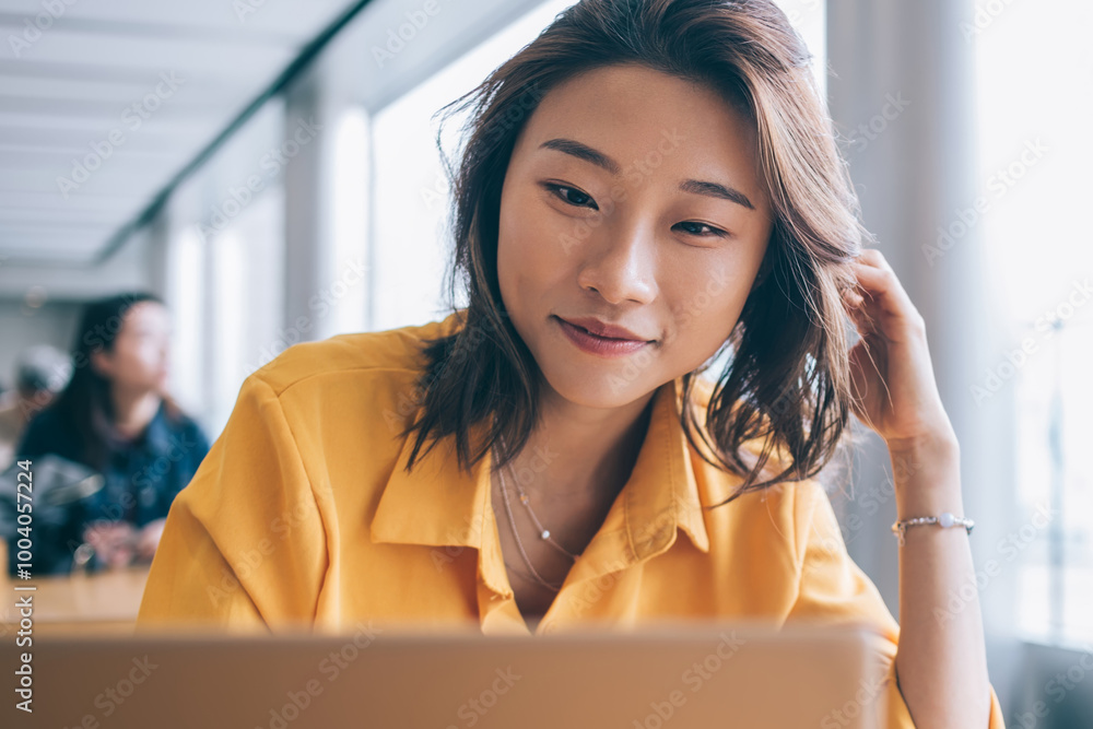 Poster positive female freelancer downloading media files during distance job with startup project using hi
