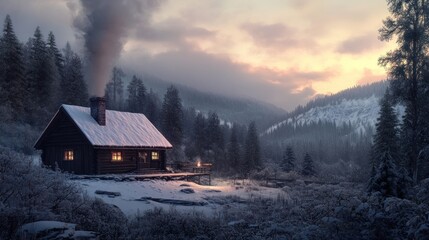 A cozy cabin in a snowy landscape at dusk, exuding warmth and tranquility.