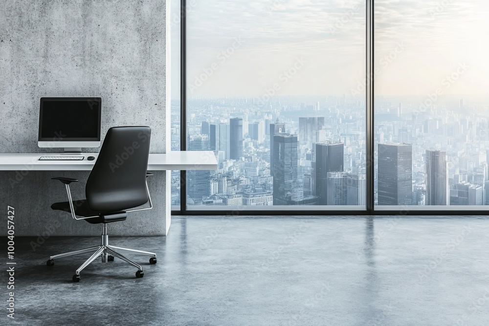 Poster view of a modern home office table with computer and chair in a light interior and a large window on