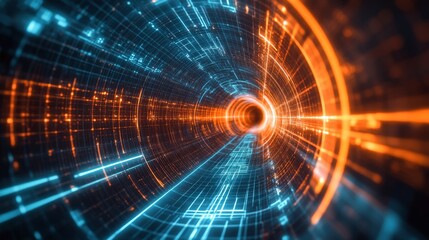Fototapeta premium A digital tunnel made of lines and grids. It looks futuristic and like a portal into cyberspace.